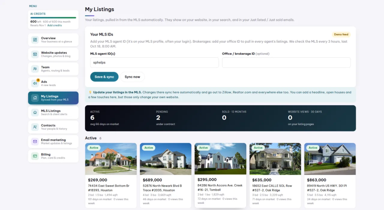 Venn real estate app showing listings and leads