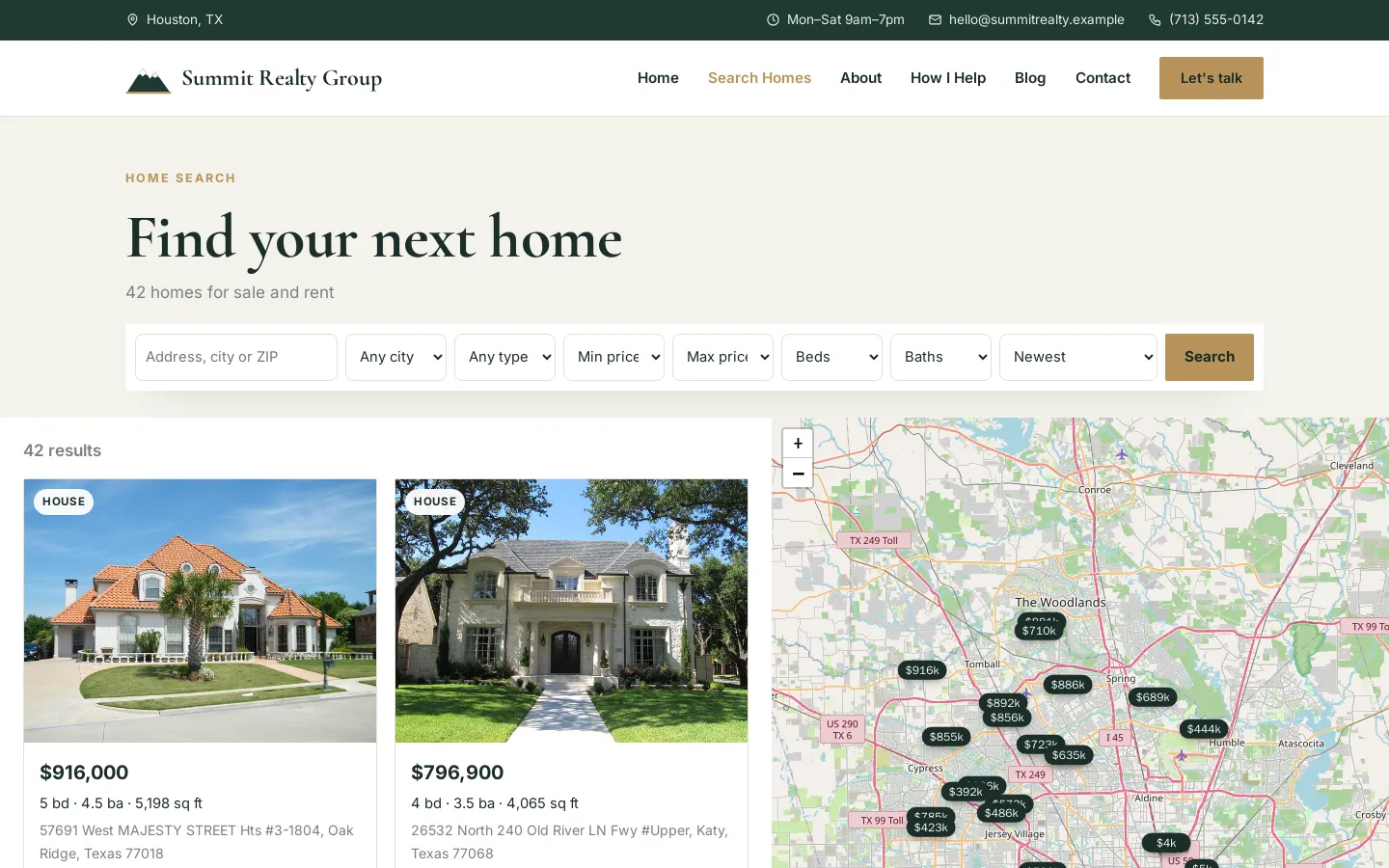 IDX home search with map and listing cards on a Venn agent website
